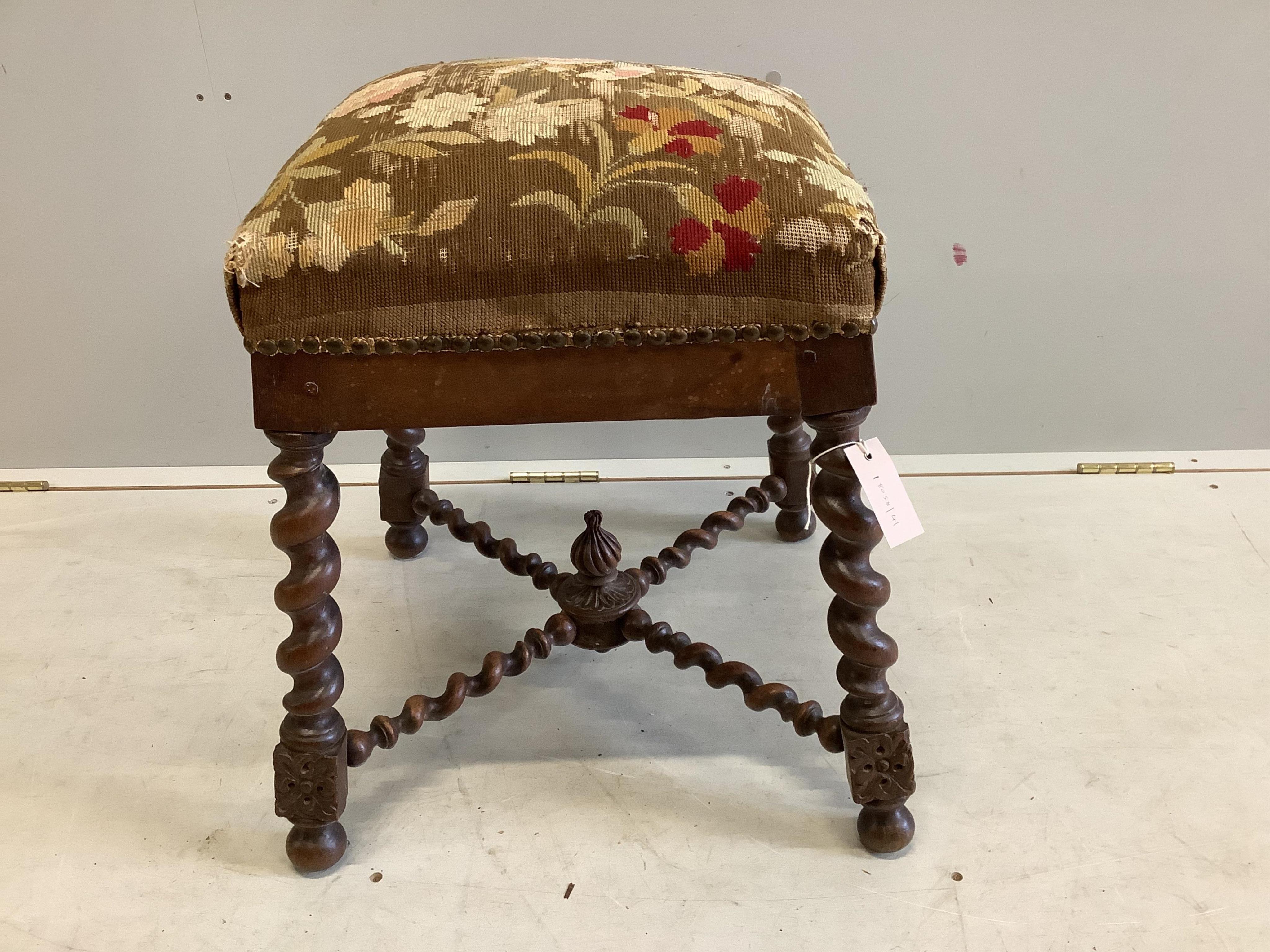 A 19th century French tapestry dressing stool on spiral turned underframe, width 46cm, depth 46cm, height 53cm. Condition - poor to fair